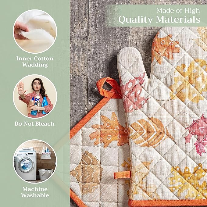 Maison d' Hermine 100% Cotton Oven Mitt & Pot Holder Set (7.5"x13" & 8"x8") Heat Resistant BBQ Cooking Gloves with Loop for Thanksgiving Christmas Decorations Handling Hot Pans (Colours of Autumn)