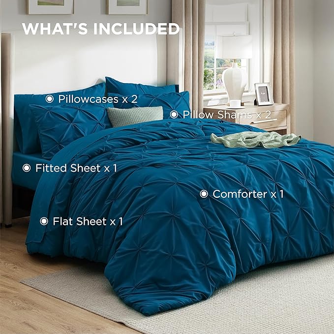 Bedsure Full Comforter Set Teal - Bed in a Bag Full Size Bedding Set 7 Pieces, GentleSoft™ Pintuck Bed Set Gift for Family, Pinch Pleat All Season Comforter with Sheets, Pillowcases & Shams