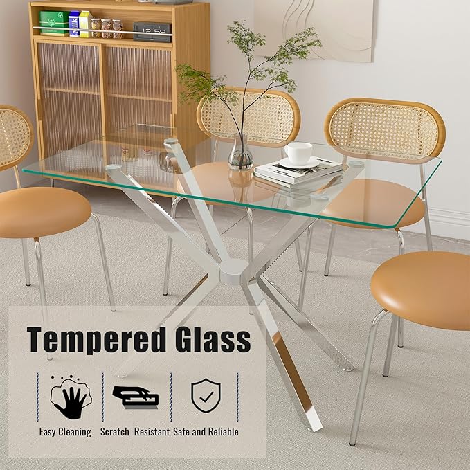 47" Tempered Glass Dining Table for 4, Modern Kitchen Table Rectangle Top, Geometric Metal Leg, for Apartment Dining Room Restaurant (Silver)