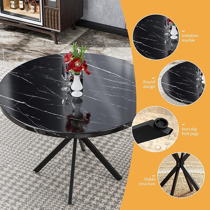 Round Dining Table, 39 Inch Modern Round Kitchen Table Black Dining with Black X Base, Kitchen Table Leisure Table for 4-5 People Small Space Dining Room, Apartment, Kitchen