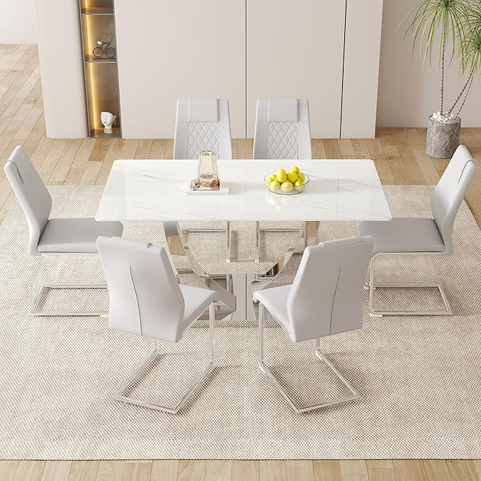 AZmac 63" Modern Dining Table Set for 6, White Dining Room Set for 6, Tempered Glass Kitchen Table and PU Leather Chairs, Marble Pattern Top with Sturdy Silver Chrome Base
