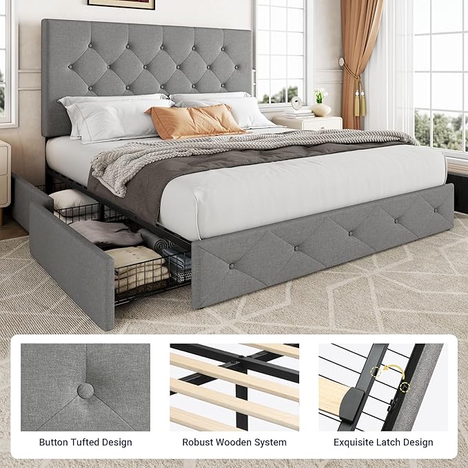 Allewie Upholstered Full Size Platform Bed Frame with 4 Storage Drawers and Headboard, Diamond Stitched Button Tufted, Mattress Foundation with Wooden Slats Support, No Box Spring Needed, Light Grey