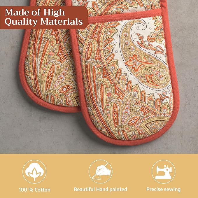 Maison d' Hermine Double Oven Mitt (7" x 35") 100% Cotton Heat Resistant BBQ Cooking Gloves with Loop for Thanksgiving Christmas Decorations Baking Cooking Barbeque Handling Hot Pan (Kashmir Paisley)