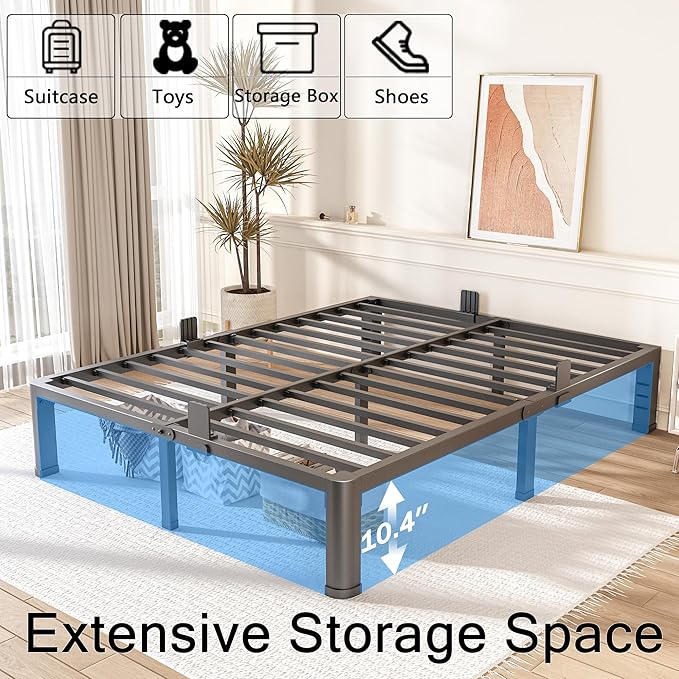 12 Inch California King Bed Frame with Rounded Corner and Headboard Hole Mattress Retainers 3500 LBS Metal Heavy Duty Steel Slats Support No Box Spring Needed Platform Noise Free Easy Assembly