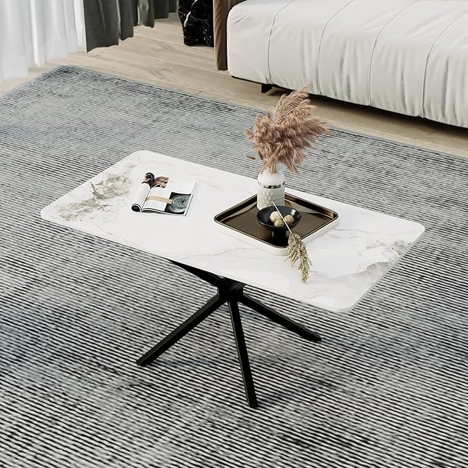 White Marble Coffee Table Modern 40 Inch Living Room Table with Rectangle Sintered Stone Top and Black Metal Legs Stylish Center Table for Living Room Bedroom