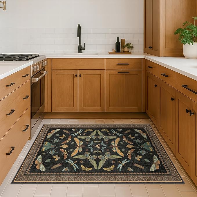 3x5 Entryway Rug Non Slip Washable - Black Throw Rug for Kitchen, Mudroom, Bedroom Bedside, Insect Boho Vintage Aesthetic Décor
