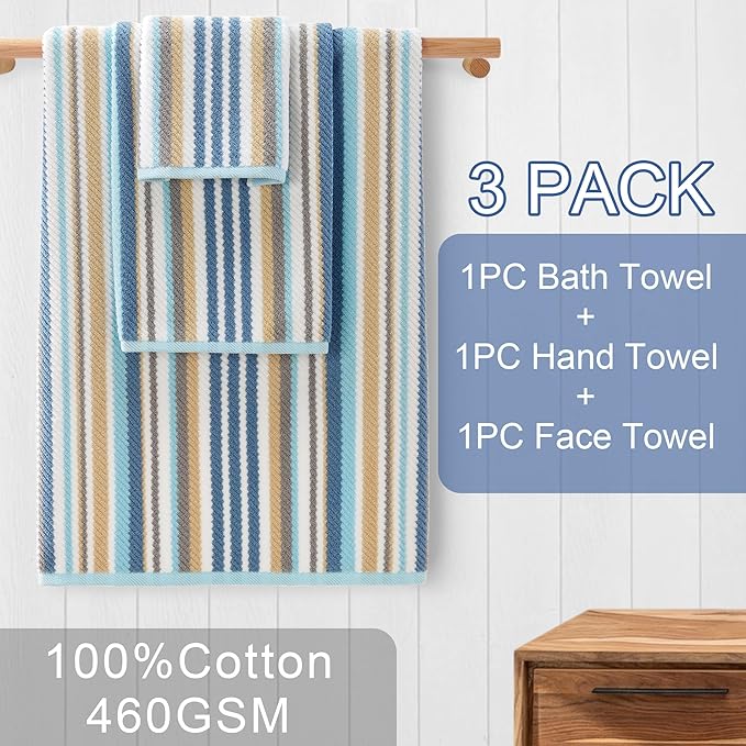 Striped Towels Set, 3PC Bathroom Towels - 100% Cotton | Quick Dry | Soft | Absorbent, 1 Bath 28"x52", 1 Hand 16"x27", 1 Face 13"x13", Luxury Bath Towels with Hanging loops, Blue+Gray+Beige Stripe