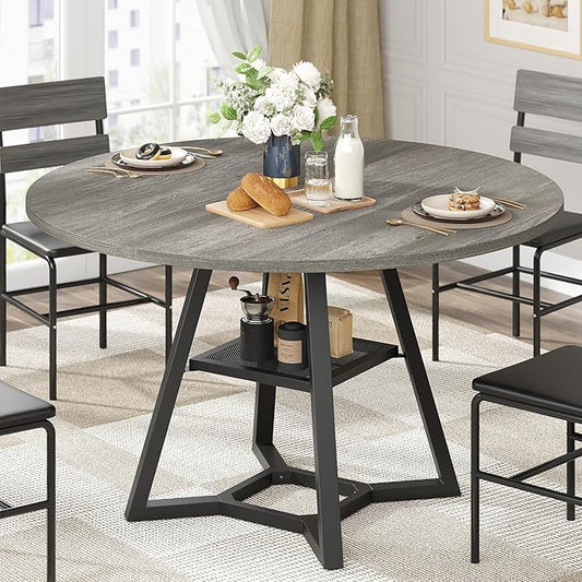 Round Dining Table for 4, Kitchen Tables Dining Room Circle Dinner Table with Pedestal Metal Frame, Space Saving Wood Industrial Kitchen & Dining Room Tables, Grey 47In