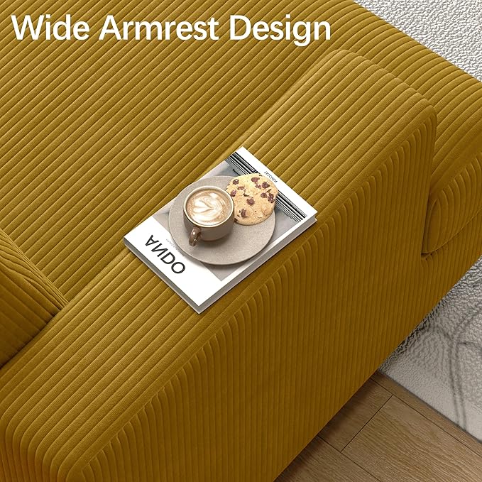 WiberWi 87 inch Couches for Living Room, Comfy 3 Seater Sofa with Deep Seat, Modern Corduroy Couch with Wide Armrests, Upholstered Backrests with Removable Cover, Mustard