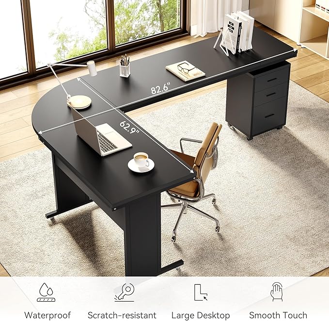 LITTLE TREE 82.67" Long Executive Desk Large L-Shaped Computer Office Desk with 3-Drawer Mobile File Cabinet, Industrial Business Furniture Desk Workstation for Home Office, Black