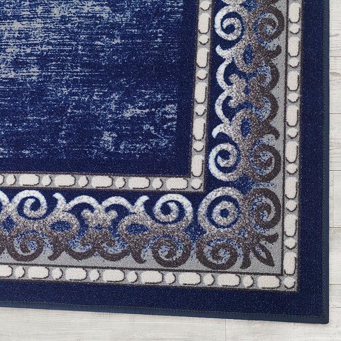 Antep Rugs Alfombras Bordered Modern 4x6 Non-Slip (Non-Skid) Low Pile Rubber Backing Indoor Area Rug (Navy, 4' x 5'8")