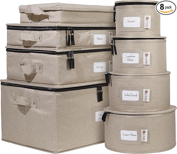 Hard Shell China Storage Containers 8-Piece Set Moving Boxes for Dinnerware, Glasses, Plates, Mugs and Saucers Sturdy Dish Organizer with Dividers for Seasonal Storage - Service for 12 - Brown