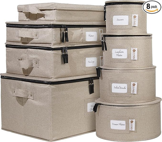 Hard Shell China Storage Containers 8-Piece Set Moving Boxes for Dinnerware, Glasses, Plates, Mugs and Saucers Sturdy Dish Organizer with Dividers for Seasonal Storage - Service for 12 - Brown
