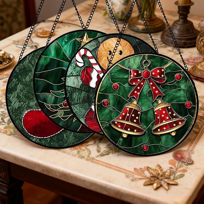 Stained Glass Window Hanging 4 Pcs Set Red Christmas Stockings and Gingerbread Large 15" - Suncatcher Door Garden Sun Catcher Decor Birthday Mother's Day Xmas Gifts for Mom Woman Nana Men
