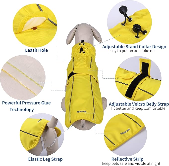 Waterproof Dog Raincoat with Reflective Strip, Adjustable Breathable Rain Coat Jacket with Leash Hole for Dogs (Yellow, X-Large)