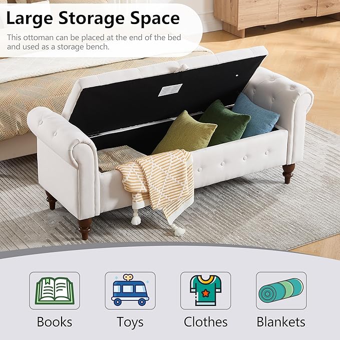 GNIXUU 63" End of Bed Storage Bench for Bedroom, Upholstered Ottoman Seat with Storage for Living Room, Window, Entryway, Beige White Velvet