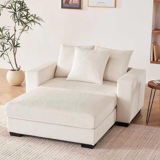 58.3" Oversized Chaise Lounge Indoor for Living Room, Solid Wood Comfy Sleeper Reclining Sofa with Thickened Cushions Widened Armrests for Bedroom, Deep Seat Lounge Sofa with Ottoman, Beige