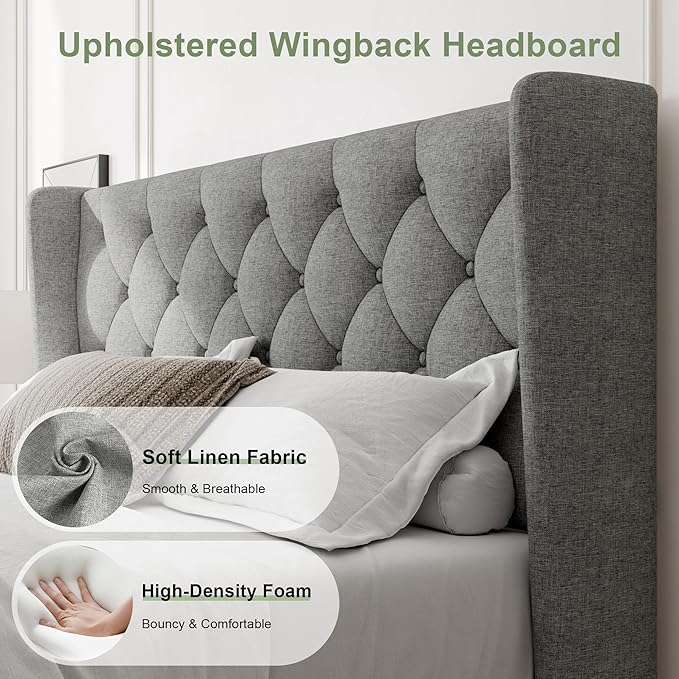 Feonase Full Size Bed Frame with Upholstered Wingback Headboard, Platform Bed and Heavy Duty Wooden Slats Support, Easy Assembly, Noise-Free, No Box Spring Needed, Light Gray