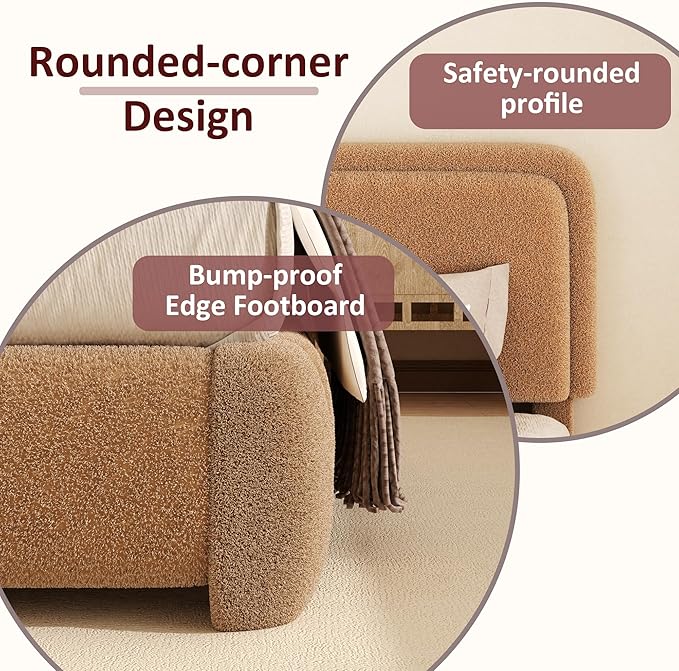 Queen Boucle Platform Bed Frame with Height Adjustable Headboard, Modern Upholstered Cloud Bed, Sleek Curved Design, No Box Spring Needed, Easy Assembly, Noise Free, Camel