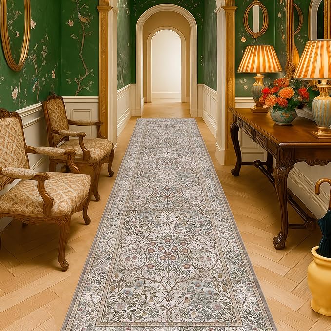 Moss Green 3x10 ft Extra Long Wide Runner Rug for Hallway Non Slip Washable, Large Kitchen Indoor Floor Rugs for Entryway Bathroom Bedroom, Stain Resistant Vintage Neutral Floral Carpet