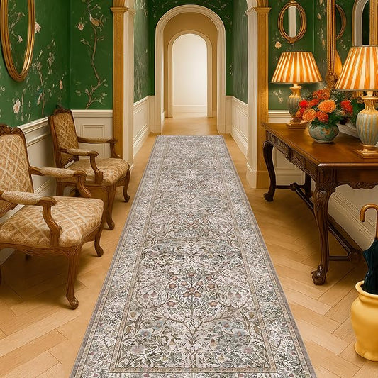 Non Slip 2x10 Moss Green Hallway Runner - 10ft Long Runner Rugs, Washable Kitchen Floor Mat - Vintage Brown Taupe Neutral Floral Design Décor