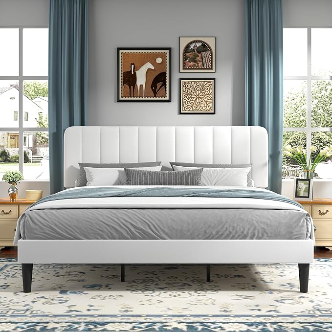 VECELO King Size Bed Frame with Upholstered Headboard, Velvet Platform Bedframe Mattress Foundation, Strong Wood Slat Support, No Box Spring Needed,White