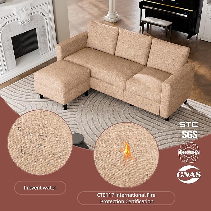 Nuturelly Convertible Sectional Sofa Couch with Movable Ottoman, 3-Seater Modern L-Shaped Sofa for Small Spaces, Soft Fabric Couch for Living Room, Small Apartment & Office(Brown)