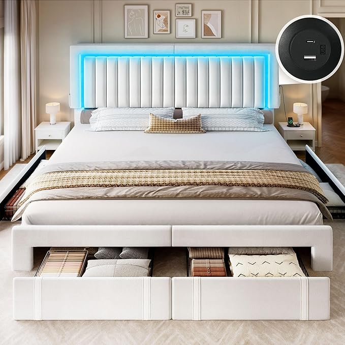 DWVO King Size Bed Frame with Adjustable Headboard, 4 Storage Drawers and RGB LED Lights, Velvet Upholstered Platform Bed with USB Ports, No Box Spring Needed, Fast Assembly, Noise-Free, White