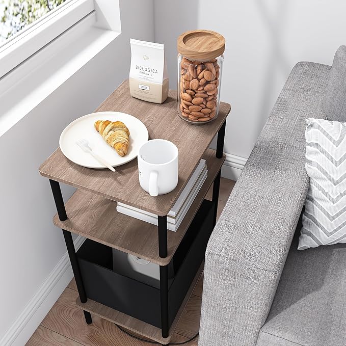 Small Side Table with Charging Station, End Table for Small Spaces, Slim Nightstand with Outlet,Sofa Beside Table, 3-Tier Storage Shelf,Living Room, Bed Room, Natrual Walnut