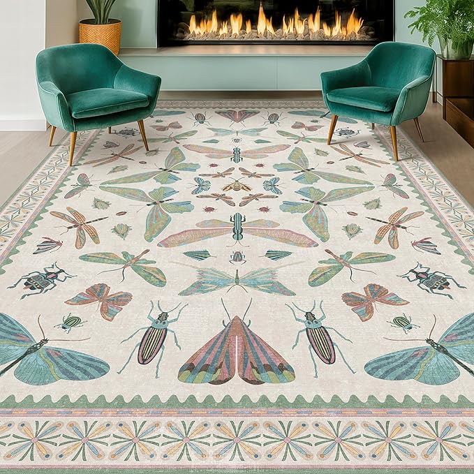 Sage Green Rugs for Bedroom Under Bed - 6x9 Area Rug for Living Room, Dining Room, Kids Playroom, Fun Insect Cute Décor,Ultra Soft Non Slip Stain Resistant