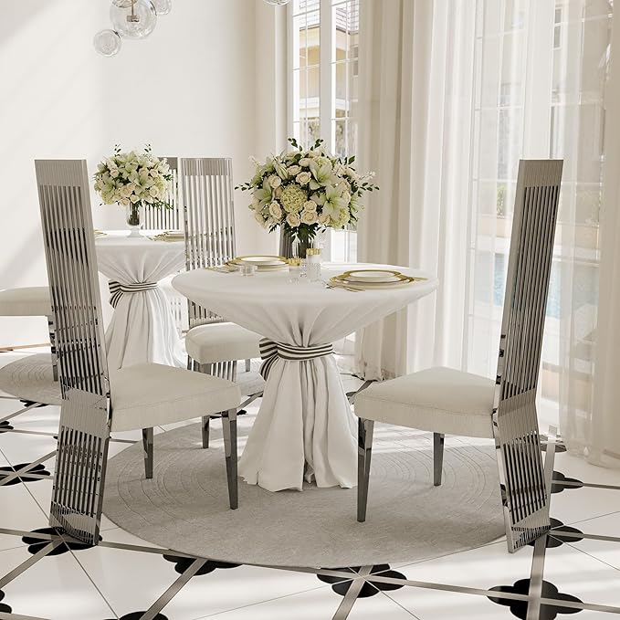 White and Silver Dining Chairs Set of 2, Upholstered High Back Dining Chairs with Mirrored Stainless Steel Backrest and Legs, Modern Luxury Dining Room Chair for Kitchen Living Room Restaurant