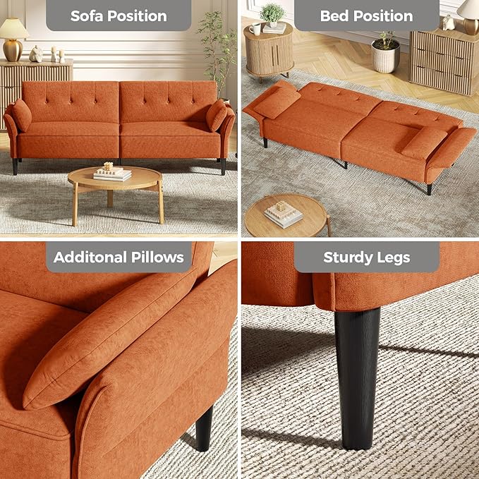 89” Futon Sofa Bed, Comfy Futon Couch Bed with 2 Square Pillows, Convertible Sleeper Sofa with Adjustable Backrest&Armrests, Modern Loveseat Sleeper for Living Room,Velvet Fabric,Burnt Orange