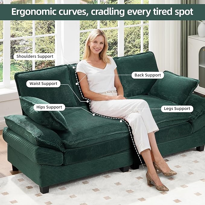 83" Loveseat Sofa, Cloud Couches for Living Room, Comfy Corduroy Couch with Deep Seat, Love Seat Couches for Bedroom, Apartment and Office, Easy Assemble for Small Space (Green)