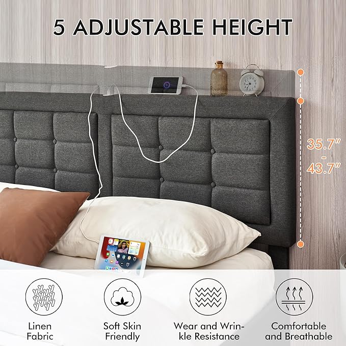 VECELO Full Size Bed Frame with 4 Drawers, Adjustable Tufted Button Headboard, Upholstered Platform with Wood Slats Support, Built-in USB and Type C Ports, Dark Gray