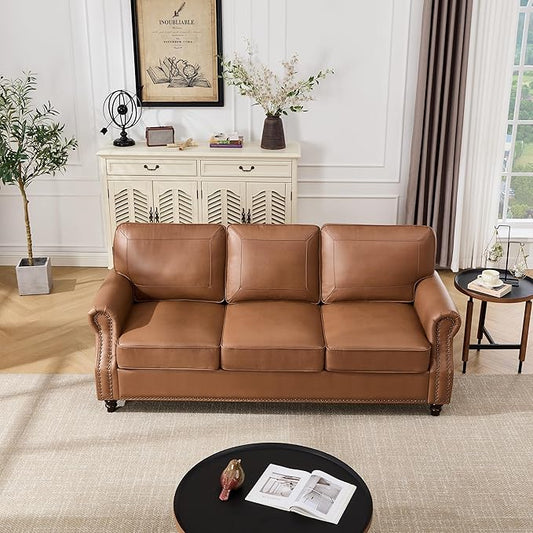 WILLOVE 79'' Faux Leather Sofa, Classic 3 Seater Leather Couch with Rolled Arm and Nailhead Trim, Mid-Century Modern Couch for Living Room, Apartment, Easy to Install, Brown