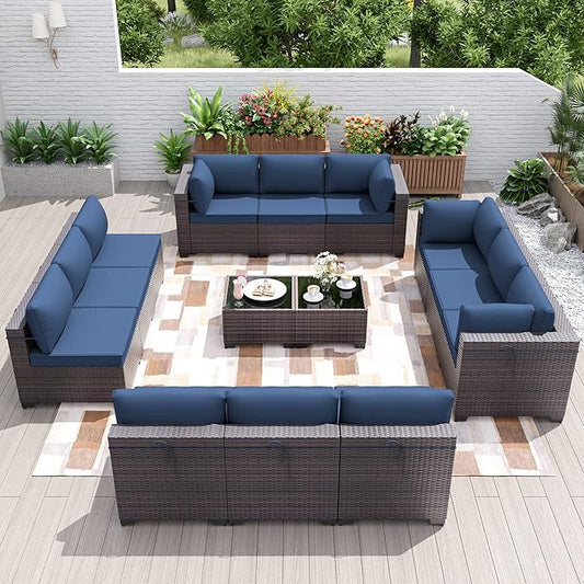 Kurapika 14 Pieces Patio Furniture Set, Rattan Wicker Outdoor Conversation Sets w/4 Inch Cushion and Glass Coffee Table(Navy Blue)
