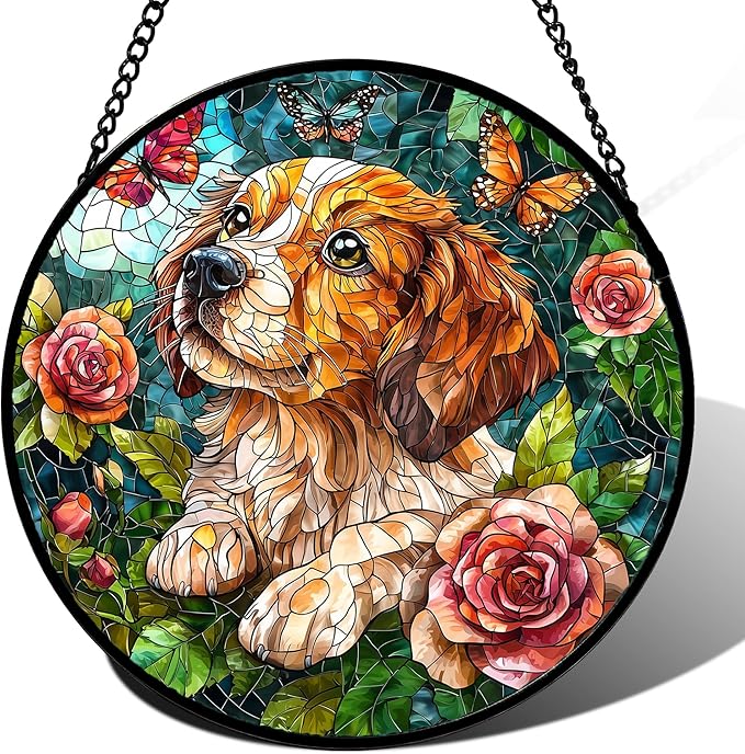 Stained Glass Window Hanging, Dog and Rose Suncatcher for Doors Home Butterfly Sun Catchers Decoration and Christmas, Mother's Day Birthday Gifts for Women, Men, and Mom 14.9x14.9 in