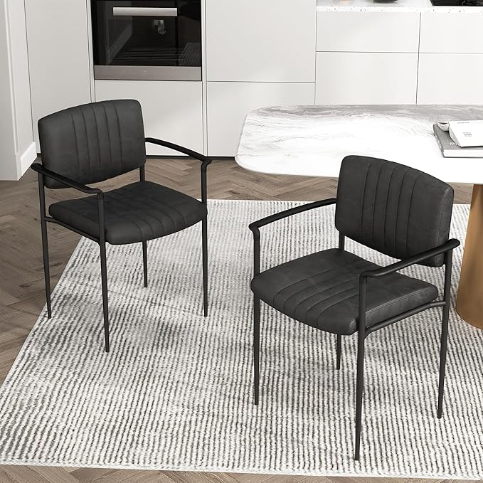 Mid-Century Modern PU Leather Dining Chairs Set of 2, Upholstered Kitchen Chairs with Arms and Metal Legs Adjustable Feet for Kitchen Dining Room(Black)