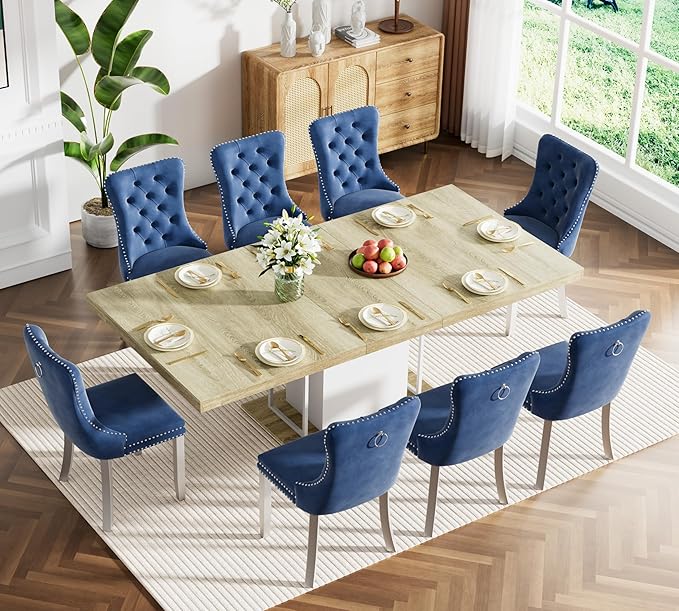 Goujxcy 78.7" Farmhouse Extendable Dining Room Table Set for 8, 9-Piece Rectangle Kitchen Dining Room Table Set with Wood Base and 8 Blue Velvet Dining Chairs, Extending Kitchen & Dining Table Set