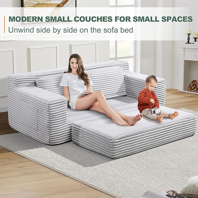 70" Cloud Loveseat Sofa Couch in a Box, 2 Seater Boneless Couch, Convertible Pull Out Sofa Bed with Pillows, No Assembly, Memory Foam, Modern Small Couches for Small Spaces (Gray-Folding)