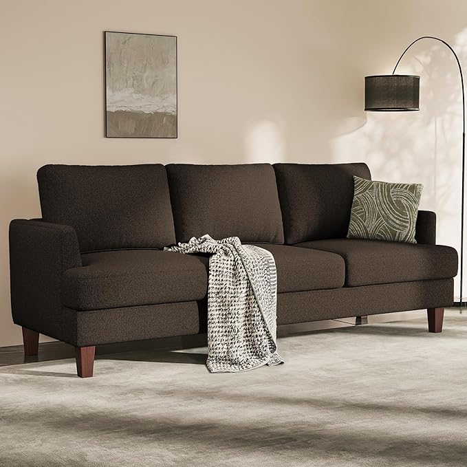 3 Seater Sofa Couch with Deep Seats, 89" Mid Century Modern Upholstered Sofa with Armrests, Comfy Couches for Living Room, Bedroom and Office, Linen Fabric Apartment Couch (Linen Brown)