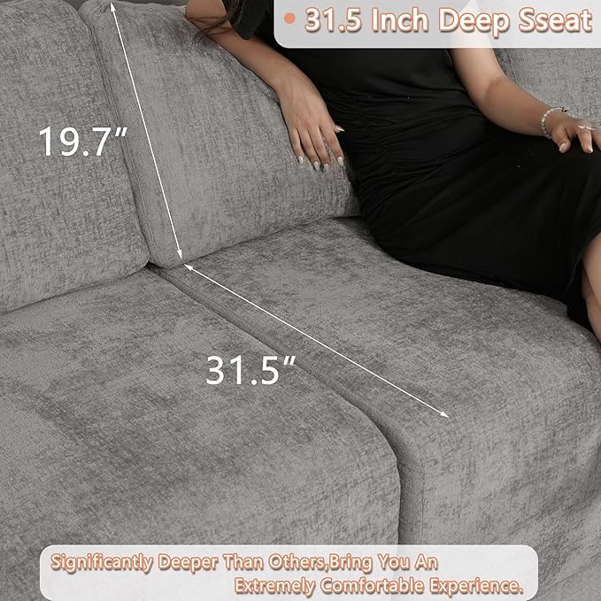 EASE MOOSE Cloud Couch Sectional Sofa, Large U-Shaped Oversized Modular Couch for Living Room, Minimalist Boneless Couches with Ottoman, 5-Seat Deep Sofas for Bedroom, Chenille (Light Grey)