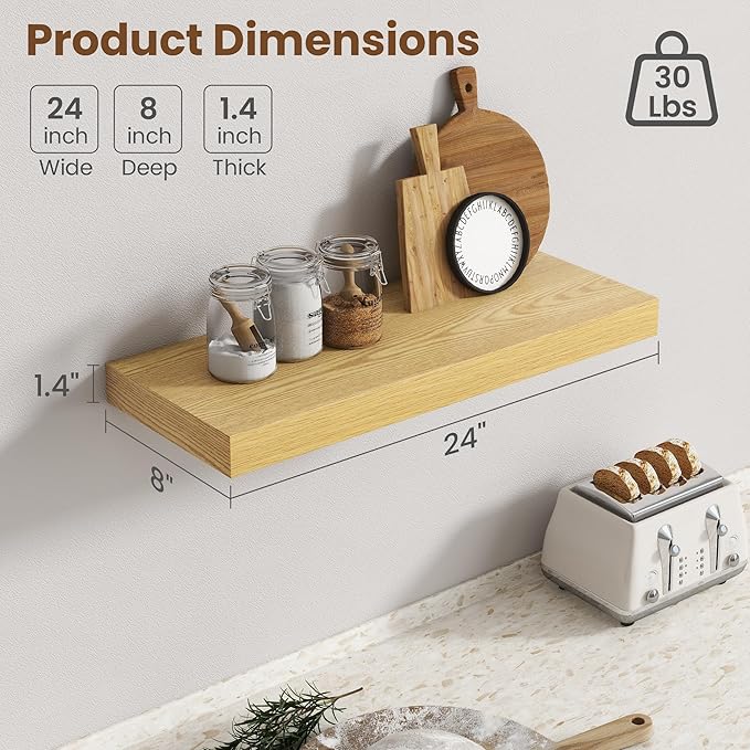 24 Inch Floating Shelves for Wall, 8 Inch Deep Floating Shelf for Storage & Display, Rustic Wall Mounted Shelf with Invisible Brackets for Living Room, Kitchen, Bathroom, Home Decor, Set of 2, Oak