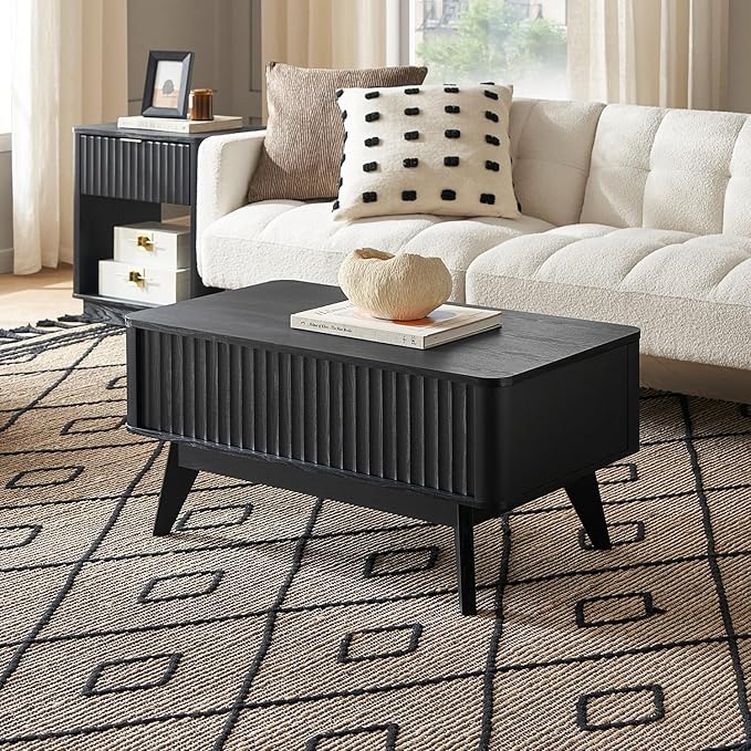 mopio Brooklyn Lift Top Coffee Table for Living Room, Mid Century, Modern Farmhouse with Lifting Tabletop & Hidden Storage, Fluted Panel, Rising Pull Up Dining Table (Black Oak)