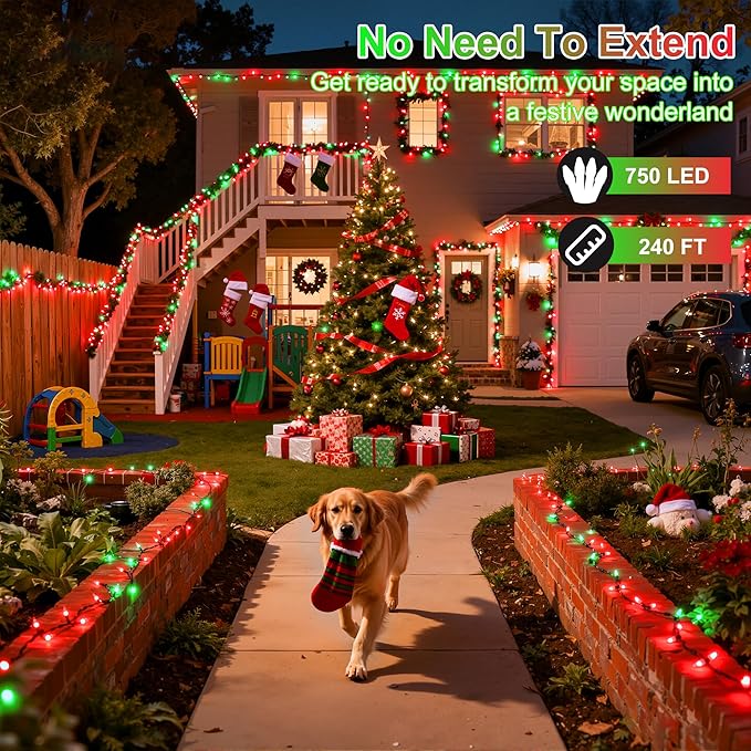 240FT 750LED Christmas Lights,12 Modes Red and Green Outdoor String Lights with Timer & Dimmable, Waterproof Green Wire Christmas String Lights for Tree Xmas Patio Fence Balcony Garden Party Decor