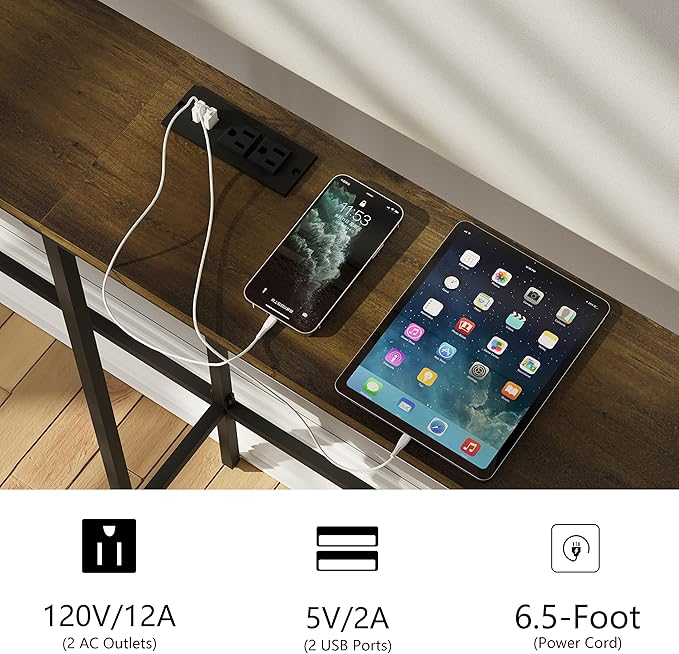 63 Inch Console Table with Power Outlet,Modern Narrow Long Sofa Table Behind Couch,Skinny Entry Table with Black Metal Frame for Entryway,Living Room, Hallway,Walnut Brown