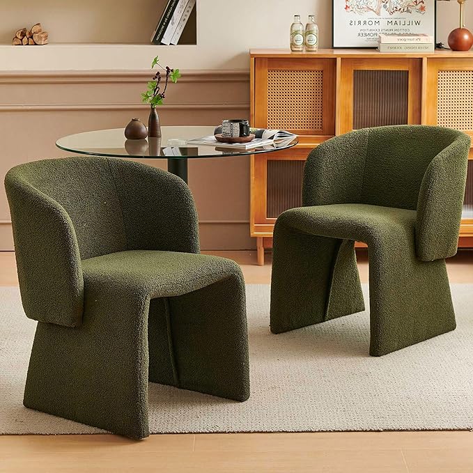 Upholstered Dining Chair Green Set of 4,Stylish Accent Barrel Side Chairs Cozy Single Sofa Chair Teddy Velvet Comfortable Armchair for Bedroom Reading Room Waiting Room Kitchen Dining Room