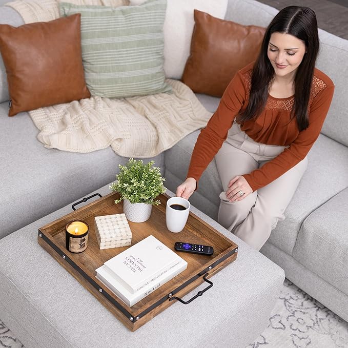 20"x20" Extra Large Square Ottoman Tray, Heavy Duty Mango Wood, for Serving Tea, Breakfast in Bed, Living Room Large Coffee Table Tray Rustic with Farmhouse Style, Decorative Handles and Accent Strap