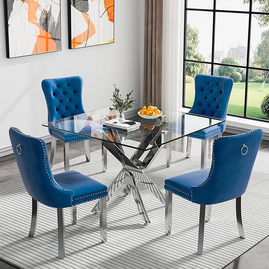 Goujxcy Glass Dining Table Set for 4, Modern Kitchen Table and Chairs Set of 4, 5-Piece Kitchen Dining Room Table Set w/36 Square Silver Glass Dining Table and 4 Blue Velvet Upholstered Chairs