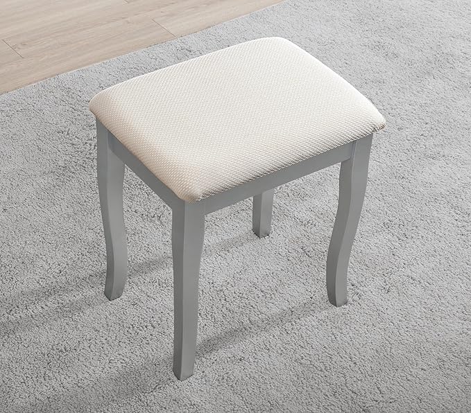 Roundhill Furniture Sanlo Wooden Vanity | Make Up Table and Stool Set | Silver